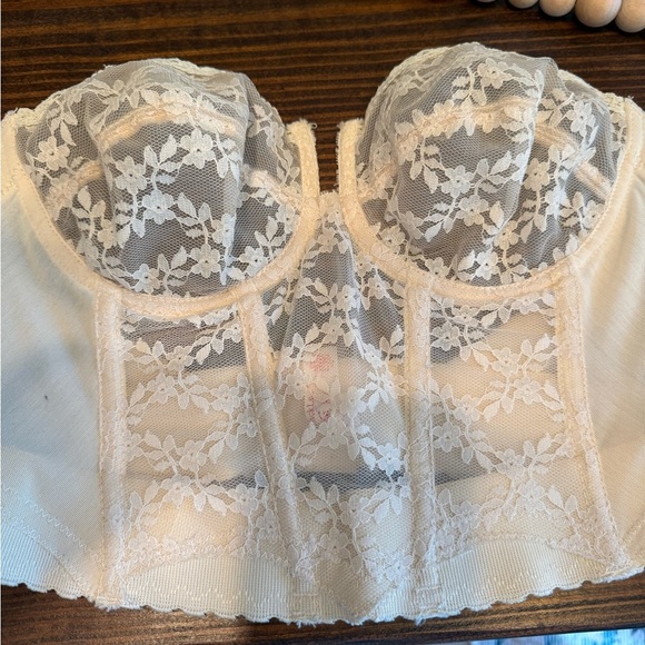 Vintage 70s Backless Bustier Bra 36B Sheer Floral Lace Pin-Up Lingerie Corset - Picture 2 of 6